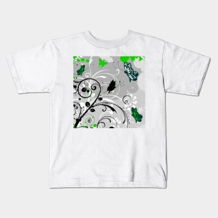 Floral Art Green Grey Butterfly Kids T-Shirt